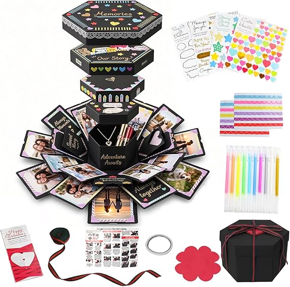 KOOGEL Explosion Gift Box DIY Exploding Photo Album Preassembled Surprise | Picture Pop up Love Box Gift, Set with Scrapbooking Accessories Creative Photo, Album Gifts for Anniversary Wedding
