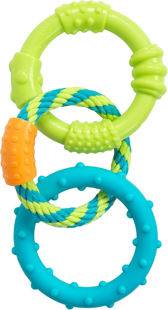 Pupstages Dental Links Dog Chew Toy for Teething Puppies & Small Dogs up to 30 lbs, Floatable & Textured Ring & Rope Tug, Dental Support, Moderate Chewers, 8.5"
