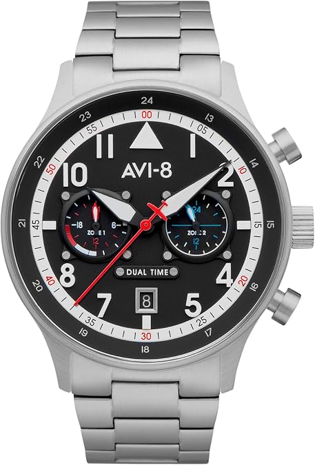 AVI-8 Men's 43.5mm Hawker Hurricane Carey Dual Time Zone Japanese Quartz Pilot Watch with Leather or Stainless Steel Strap AV-4088