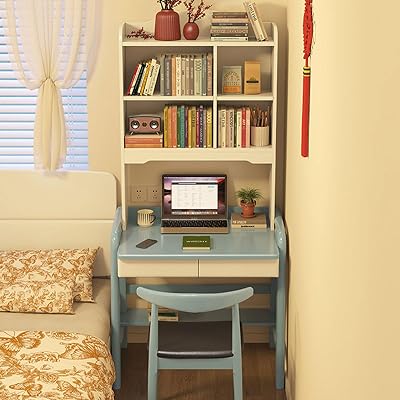 Home Office Computer Desk,Gaming Writing Work from Home Study Desk,Height Adjustable,with Drawer and Storage Shelves,for Bedroom,for Writing,Executive,Study,WorkBlue,35 L x 24 W90x60cm