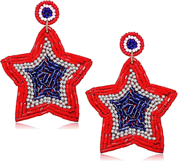 American Flag Earrings Beaded 4th of July Patriotic Earrings for Women Handmade USA Windmill Star Heart Drop Dangle Earrings Independence Day Jewelry Gifts