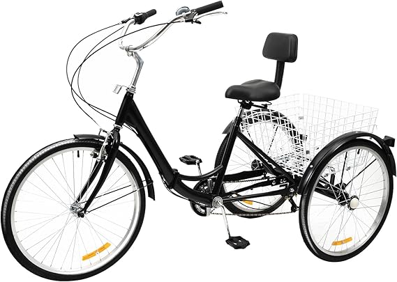 24Inch Folding Tricycle 7 Speed 3 Wheel Bike, Adult Folding Tricycle High Carbon Steel Gears Folding Trike Bicycle with Storage Basket&Backrest, Cruise Adult Tricycle for Men and Women, Black