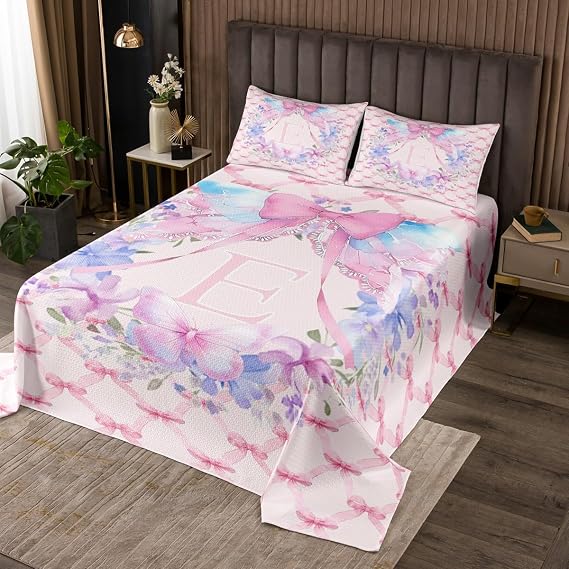 Feelyou Cute Pink Bow Bedspread Twin Size Personalized Initial E Coverlet Set Flowers Butterfly Quilted Coverlet for All Season with 1 Pillowcase Microfiber Lightweight