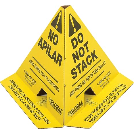 Global Industrial Trilingual "Do Not Stack" Printed Pallet Cones, Yellow | 8"W x 8"L x 10"H, Corrugated Cardboard Construction, 50/Pk, Prevents Double Stacking, Ships Flat