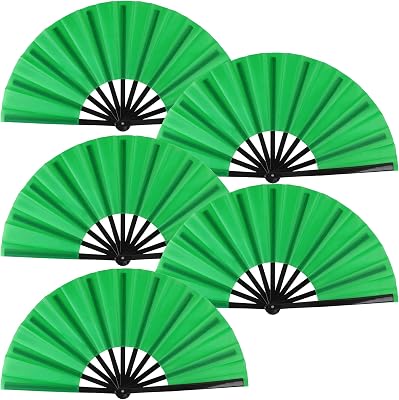 Huralona 5 Pack Large Folding Hand Clap Fan Fabric Rave Popping Fans Chinese Kung Fu Tai Chi Hand Fan Festival Dance Gift Performance Decorations Green