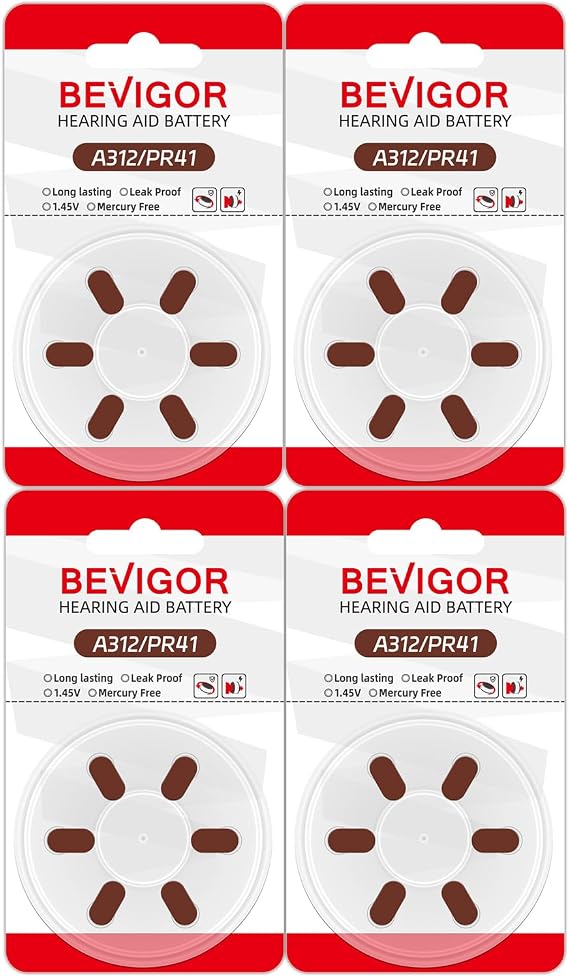 BEVIGOR Hearing Aid Batteries Size 312, Mercury Free (24 Count), 1.4V, Easy to Open and Carry, Long Lasting Batteries