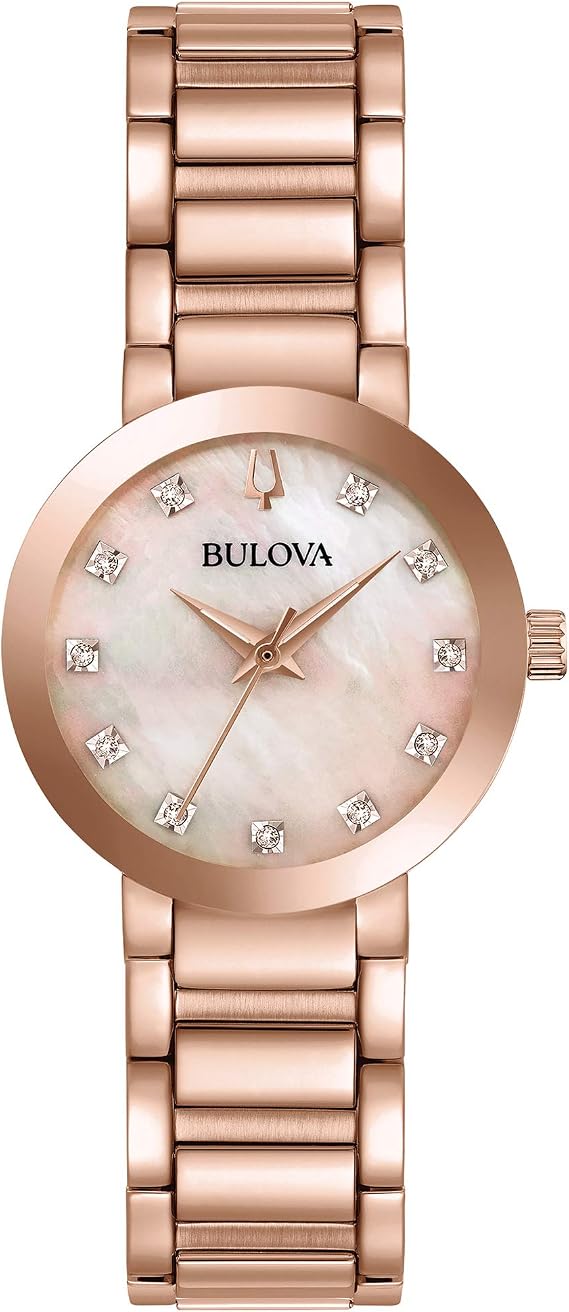 Bulova Ladies' Modern Millenia Diamond Dial Rose Gold Stainless Steel 3-Hand Quartz Watch, Gold Mother-of-Pearl Dial, Edge to Edge Crystal Style: 97P132