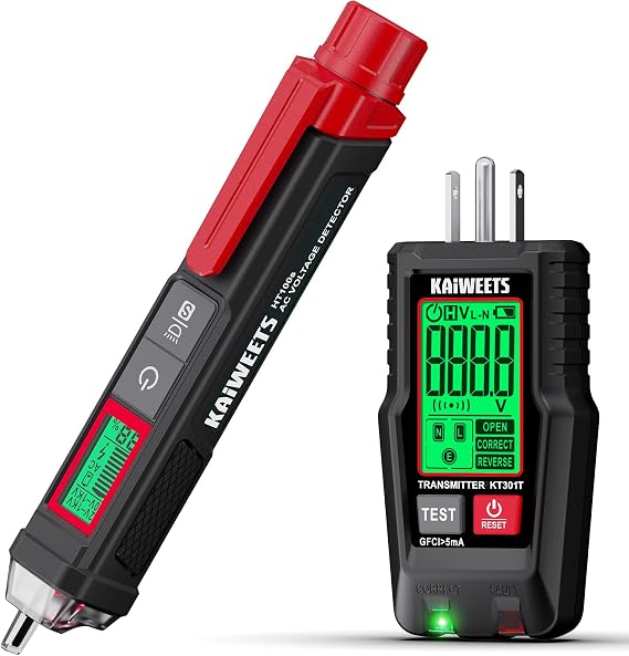 KAIWEETS Electrical Test Kit, Non-Contact Voltage Tester and GFCI Outlet Tester with LCD Display, Wiring Fault Checker, Outlet Tester Kit for Electrician, DIY, 2-Piece
