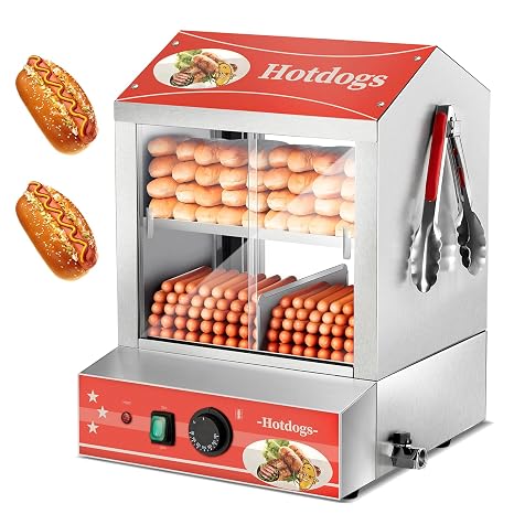 Hot Dog Steamer 28.5QT, FOHERE 2-Tier Hot Dog Machine with Bun Warmer, 175 Hot Dogs & 40 Buns Capacity, Electric Hot Dog Bun Warmer with Visible Glass Sliding Door & Clip, 86F-185F Temperature Control