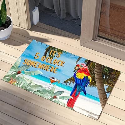Its Five O Clock Somewhere Welcome Mat Parrot Summer Sea Coastal Ocean Surfboards Colorful Bird Coconut Rugs Traps Dirt Indoor Outdoor Entryway Natural Thick 16x24 Inch