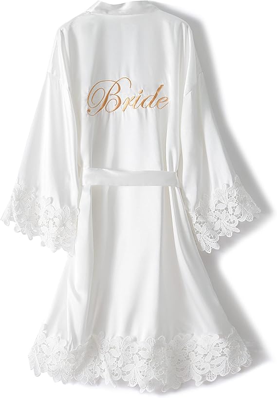 GEEGVV Women's Lace Trim Bride Kimono Robes with Embroidery Bridal Silky Satin Bathrobe Wedding Party Sleepwear