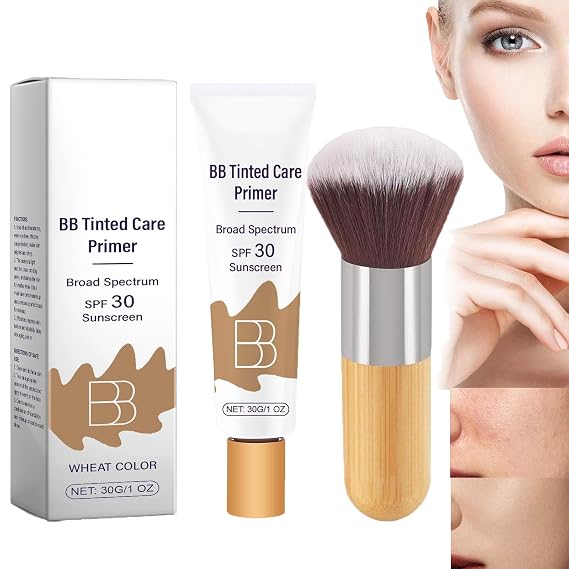 BB Moisturizer Spf 30 - Brightens, Hydrates & Smooths Your Skin, BB Blur Tinted Moisturizer Spf 30, BB Tinted Care Primer with Brush, Full Coverage Concealer Liquid Makeup (Wheat)