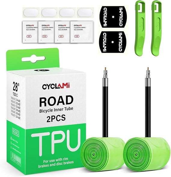 2 Pack CYCLAMI Bike Tire Tube for 700C Road / MTB26/27.5/29 / Gravel, TPU Bike Inner Tube with 45/60/65/80/85mm Presta Valves, Ultra-Light TPU Inner Tube(Include Patch Repair Kits)