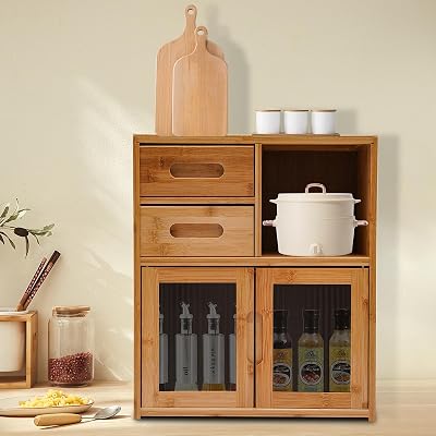 BRICZUNA Pantry Sideboard, Small Bamboo Kitchen Storage Cabinet, Freestanding Countertop Storage Cabinet Fits for Bottles, Dish, Bowl, Console Dining Cupboard16.5  9  18.9in