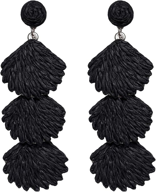 Raffia Dangle Earrings for Women - Boho Statement Rattan Drop Jewelry with Shell Design, Lightweight Summer Beach Trendy Accessories