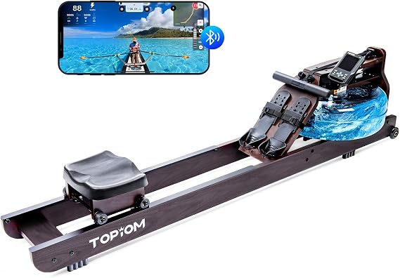TOPIOM Water Rowing Machine for Home, Oak Wood Water Rowing Machine with TM3 Dedicated Display & Bluetooth, Upgraded Handle, Adjustable Footpad,400-500LBS Capacity
