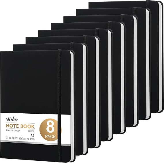 ViVin 8 Pack A5 Hardcover Lined Notebook,192 pg College Ruled 5.5x8.3