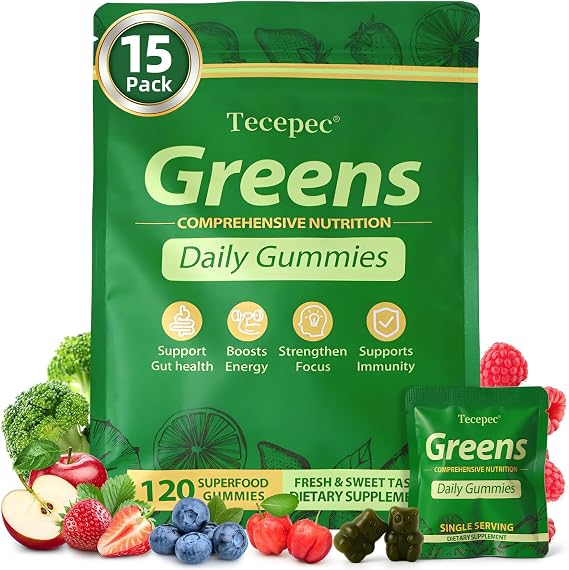 Greens Daily Gummies, Superfood Fruits and Veggies Blend with Spirulina, Chlorella, Prebiotics & Fiber, Adaptogens Multivitamin Supplement for Digestive Health, 120 Count