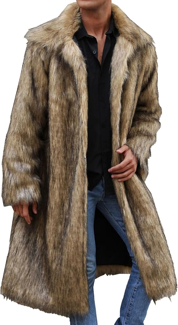Men's Winter Turn Collar Faux Fur Coat Long Sleeve Shaggy Parka Overcoat Warm Thick Outwear Cardigan Jacket