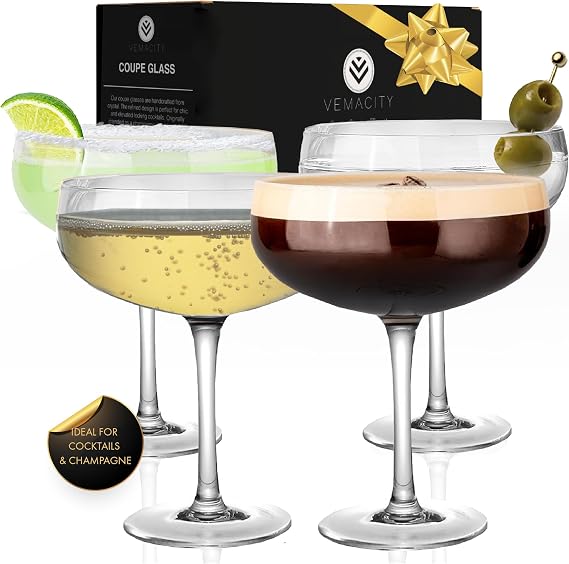 Elegant Espresso Martini Glasses | Handmade Coupe Cocktail Glasses Set of 4 | Quality Champagne Coupe/Champagne Saucers | Large Cocktail Glass | Perfect for Serving Mocktails | Ideal for Gifting