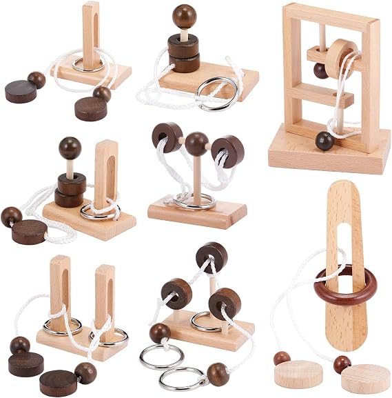 8 Pcs Brain Teaser Wooden Rope Puzzle for Adults, 3D Loop Game | Metal Ring Unlock Challenge, Desk Teaser Set, Wood IQ Logic Games, Luban Lock Threading, Gift for Brain Game Lovers