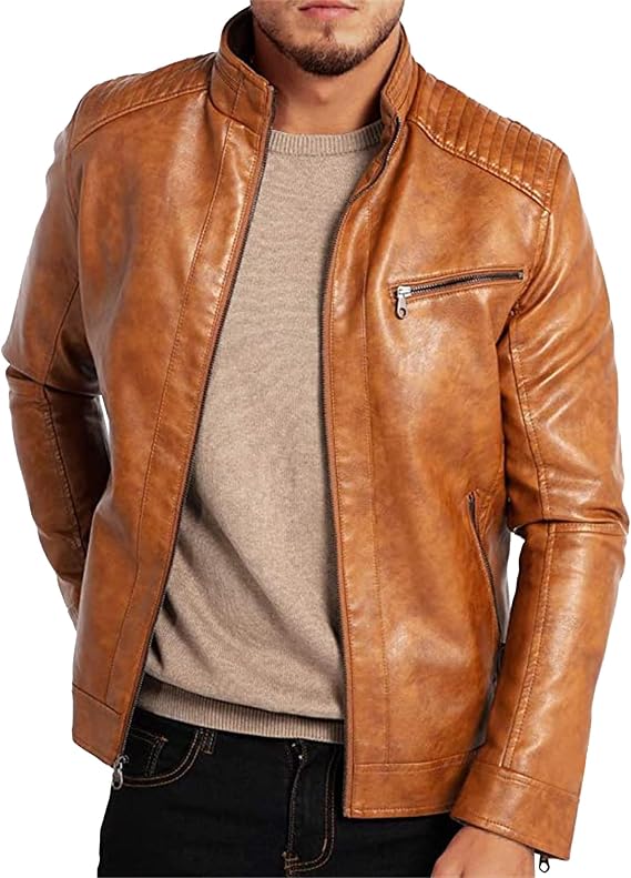 Mens Lightweight Faux Pu Outwear Stand Collar Leather Jacket Motorcycle Faux Leathers Jackets Casual Zip Up Blazer