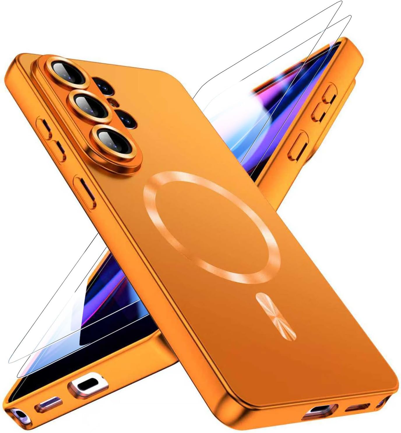 Samsung Galaxy S26 Ultra用磁気ケース、2*スクリーンプロテクター&フルカメラカバーMagSafe対応メッキメタリック光沢レディースガールズフォンケース、Galaxy S 26 Ultra用、オレンジ