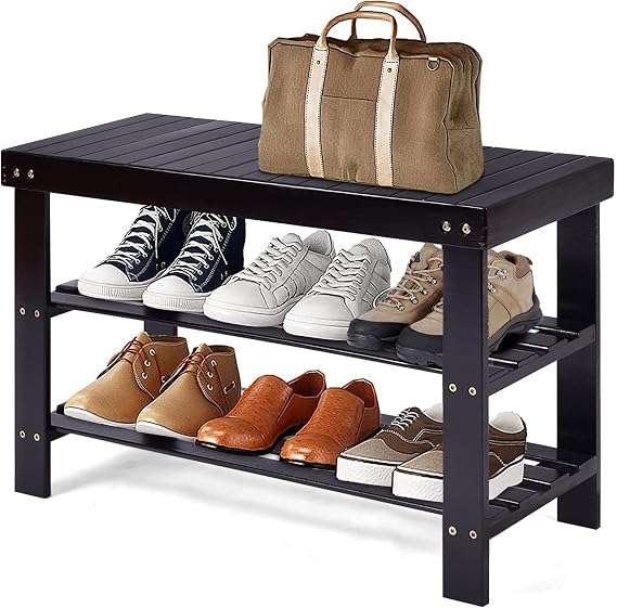 27.5" Bamboo Shoe Rack Bench, 3-Tier Entryway Shoe Organizer, Storage Shelf for Shoes, Slippers, Holds up to 220lbs for Hallway Bathroom Living Room Balcony