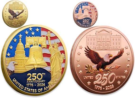 2PCS 250th Anniversary Commemorative Coins,250 Birthday American Flag&Liberty Bell Patriotic Collectible Souvenir Gift,1.57In Durable Gold Plated Challenge Coin for Display,Collectors,Non Legal Tender