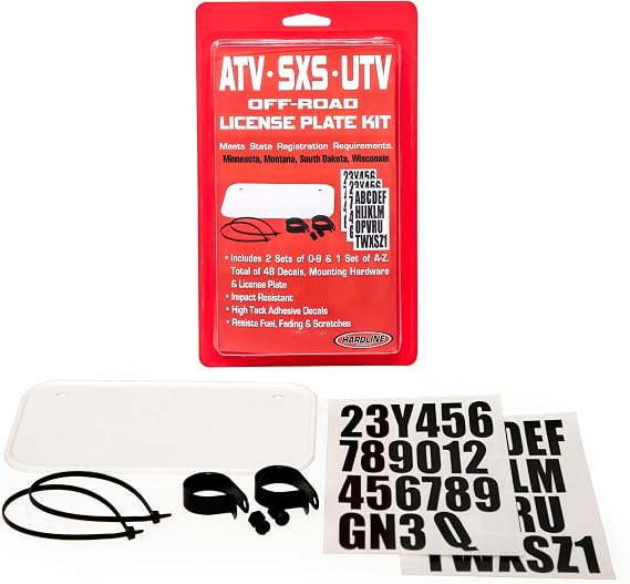 Hardline Products USA Off-Road ATV/UTV License Plate Kit Impact-Resistant PVC Registration Holder with Mounting Hardware & Decals Meets MN, SD, ND, WI Requirements Made in USA (White)