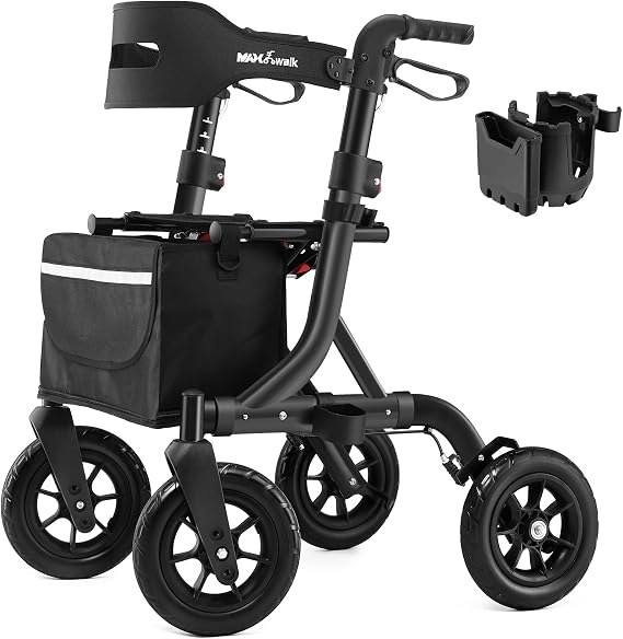 MAXWALK Foldable Rollator Walker for Seniors with Seat, 10" All Terrain