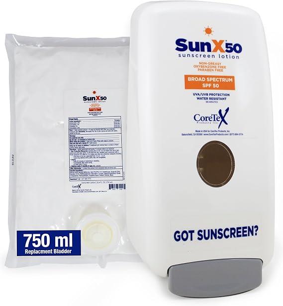 CoreTex Sun X 50 750mL Sunscreen Lotion Bladder & Wall Mount Dispenser - Paraben, Oxybenzone, Octinoxate, Oil Free - Broad Spectrum (UVA/UVB) Sunscreen - Water Resistant Up to 80 Minutes