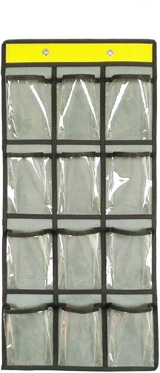 Classroom Pocket Chart For Cell Phones Calculators Over The Door Hanging Closet Underwear Sock Jewelry Organizer Holder 12 Clear Pockets (GREY)
