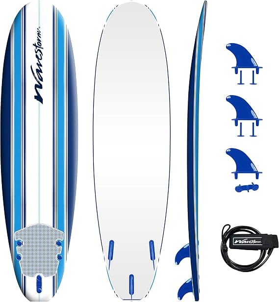 Wavestorm Classic Soft Top Foam 7' Surfboard for Beginners and All Surfing Levels Complete Set Includes Leash and Multiple Fins Heat Laminated, Blue Pinline
