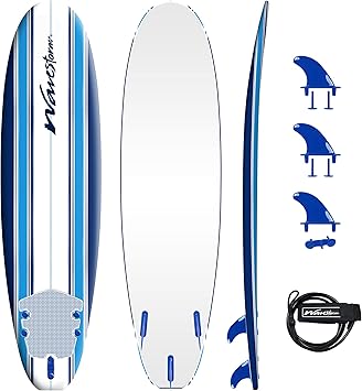 Wavestorm Classic Soft Top Foam 7' Surfboard for Beginners and All Surfing Levels Complete Set Includes Leash and Multiple Fins Heat Laminated, Blue Pinline
