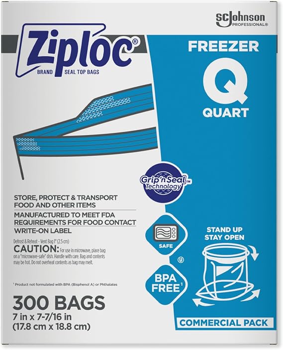 SC Johnson Professional Ziploc Quart Food Storage Freezer Bags, Grip 'n Seal Technology for Easier Grip, Open, and Close, 300 Count