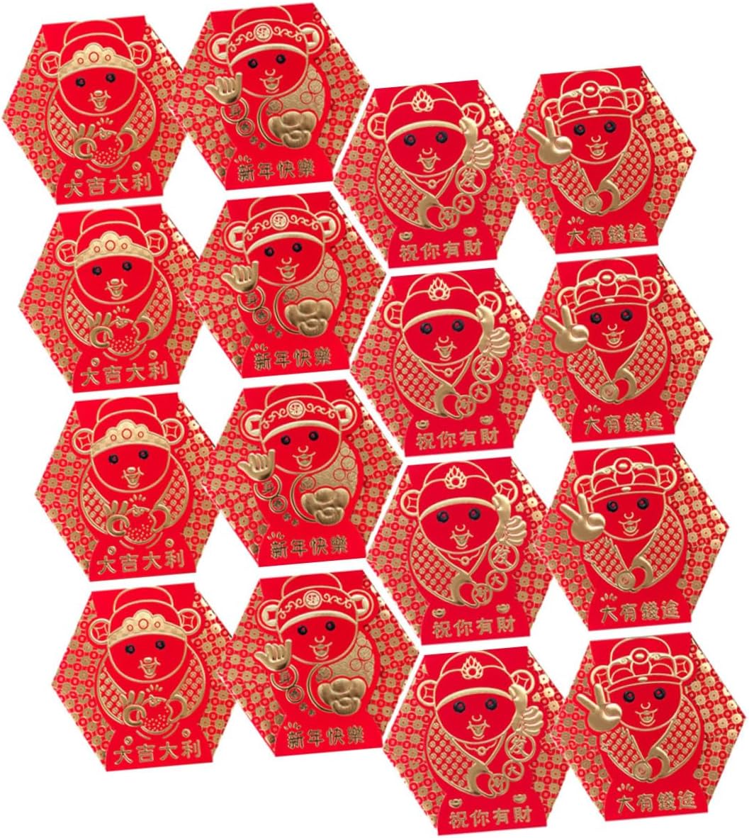 16pcs Chinese Year Red Envelopes Hongbao Money Pouches Auspicious Designs for Spring Festival and Decorations