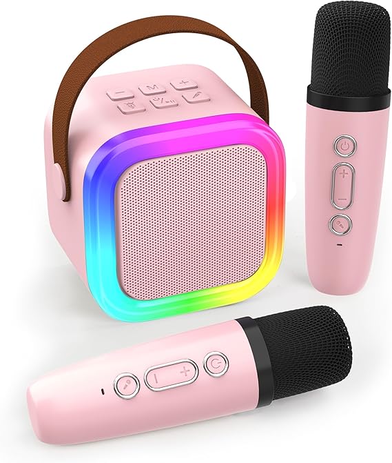 Mini Karaoke Machine for Kids Adults, Portable Bluetooth Speaker with 2 Wireless Microphones,Toys Birthday Gifts for Girls Ages 4, 5, 6, 7, 8,9,10,11,12+ Family Home Party (Pink)