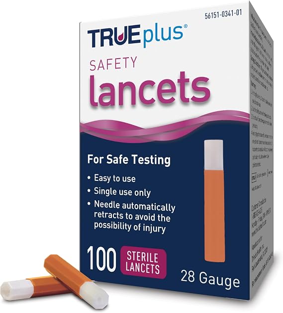 TRUEplus Single-Use Safety Lancets, Sterile Blood Lancets, 28g, 4 cm, 100 Count