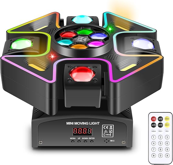 Moving Head DJ Lights,120W LED Stage Light with RGB Light Strip Feature 4 Arms Beam,Bee-Eyes Effect,Luces DJ Profesional Supports Starlight,Sound Activated