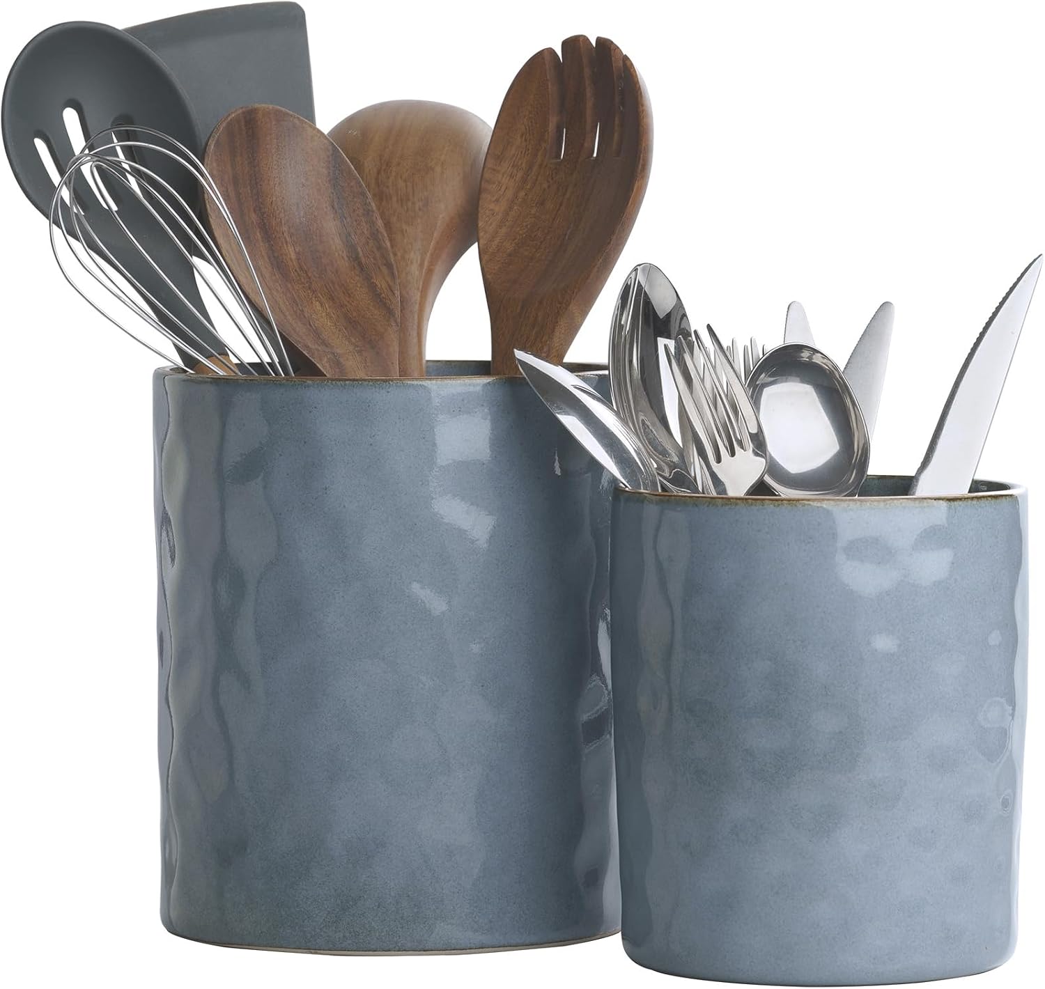 famiware Ocean Utensil Holder, 7.25.8 Ceramic Kitchen Utensil Holder for Countertop, 2 Pieces Cooking Utensil Crocks, Utensil Organizer for Spatula & Spoon, Kitchen Decor, Set of 2, Blue