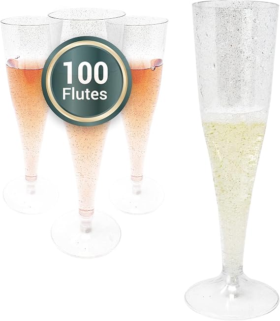 Reli. Plastic Champagne Flutes 100 Pack | 4.5oz Disposable Champagne Glass | Clear w/ Silver Glitter, Shatterproof Drinkware, BPA Free Champagne Flutes for Party, Wedding, Birthday, Mimosa, Cocktail