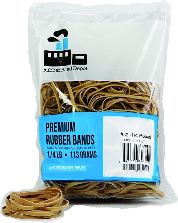 Rubber Bands, Rubber Band Depot, Size #32, Approximately 185 Rubber Bands Per Bag, Rubber Band Measurements: 3" x 1/8'' - 1/4 Pound Bag