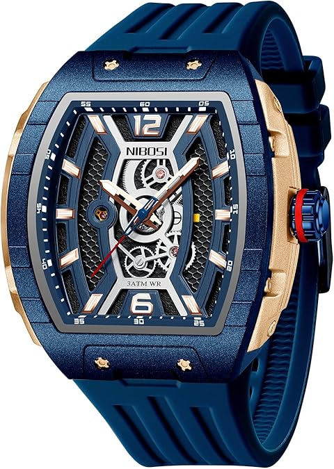 NIBOSI Men's Analog Watch, Black Silicone Strap, Tonneau Big Face, Day Date | Unique Skeleton Designer, Fashion Casual Sports Quartz Wrist Watches for Men
