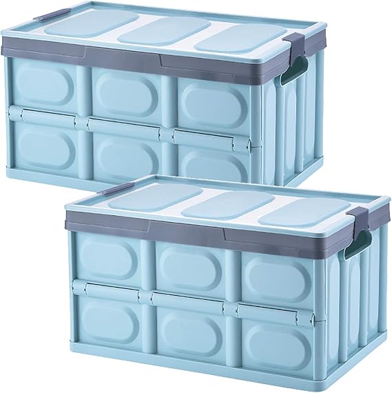 Collapsible Storage Boxes 2 Pack 30L Lidded Plastic Tote Storage Box Container Stackable Folding Utility Crate for Clothes, Toys, Books, Snacks, Shoes, Grocery Storage Bin - Blue
