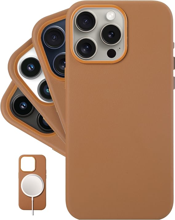 LONLI Classic - (for iPhone 15 Pro) - European Nappa Leather Phone Case - Smoothen and Soften Over Time - Compatible with Magsafe - Saddle Brown