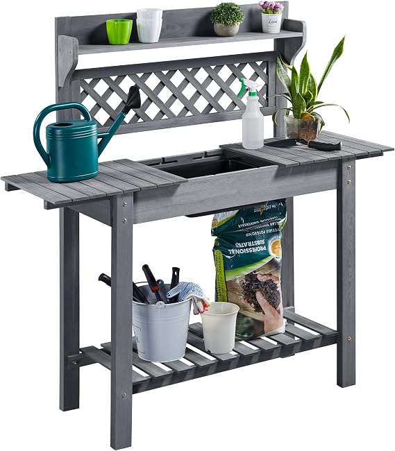 Topeakmart Potting Bench with Sink, Outdoor Work Bench, Storage Table,Gray | Removable dry sink, sliding tabletop and storage shelves make this potted plant workbench practical for patios and backyards.