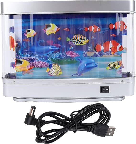 Mini Fish Tank, Lifelike Artificial Aquarium LED Moving Fish Sensory Night Light for Bedroom Office USB Powered GP ABS White 11.8 x 8.9 x 2.8 in 1 Pack