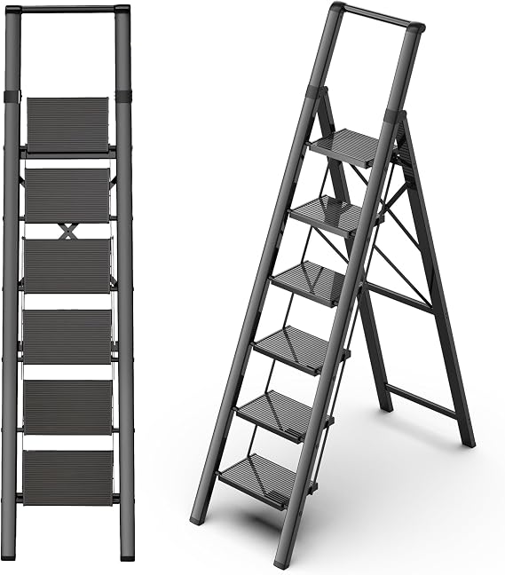 6 Step Ladder, Tall Step Stool with Wide Pedal for Ceiling, Closet | 330Lbs Load, Aluminum Material, Lightweight, Foldable, Easy Storage, Anti-Slip Feet, for Home Use, Black