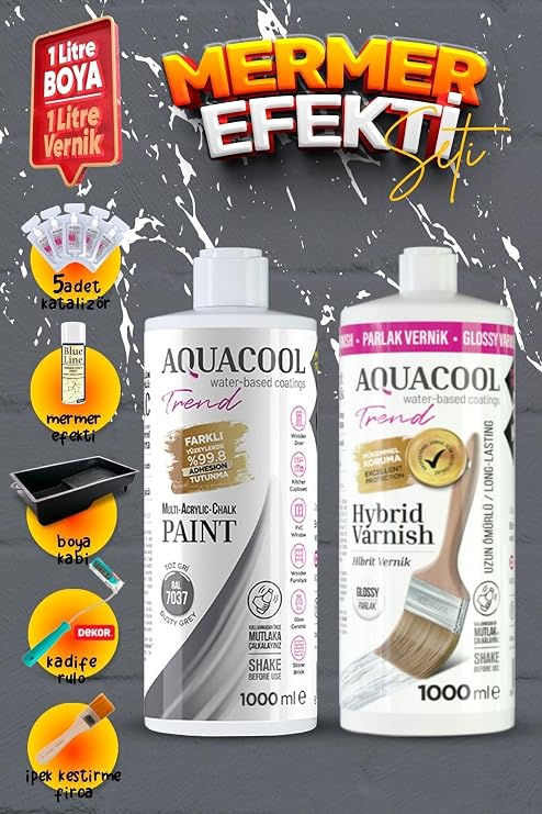 Aquacool Trend Akrilik Boya Seti - Fayans Boyama Seti - Tezgah Boyama Seti - Mermer Efekti Seti 7037 Toz Gri